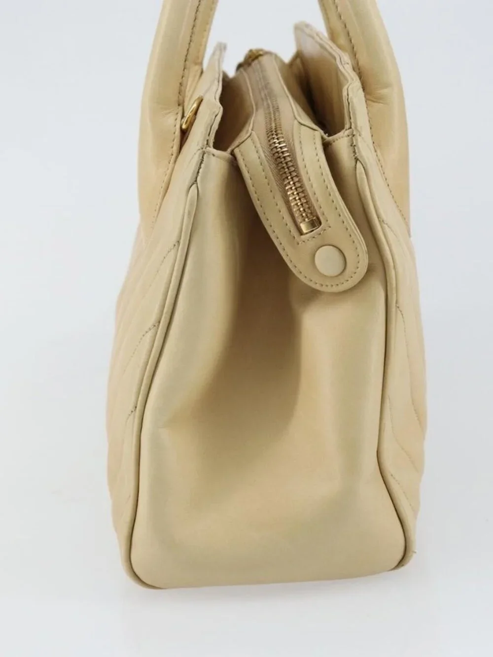 CHANEL V Stitch Hand Bag Lamb Skin Beige Gold CC Auth 128926